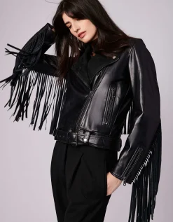 Bernardo Fashions Extended Fringe Leather Moto Jacket>Women Leather