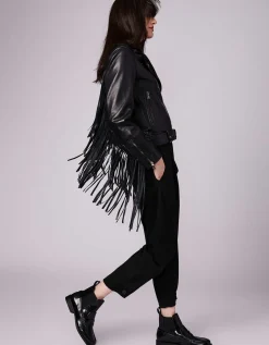 Bernardo Fashions Extended Fringe Leather Moto Jacket>Women Leather