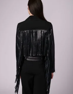 Bernardo Fashions Extended Fringe Leather Moto Jacket>Women Leather